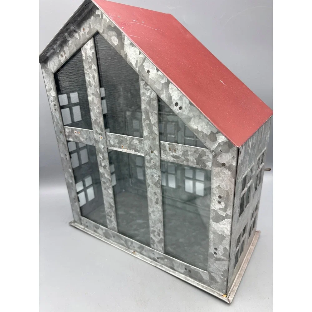Galvanized Metal House Lantern Red Roof Decorative Accent‎